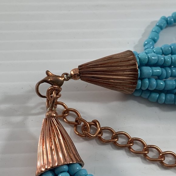 Turquoise Colored Necklace Multistrand Beaded Large Copper Colored Pendant 25" - Picture 8 of 14